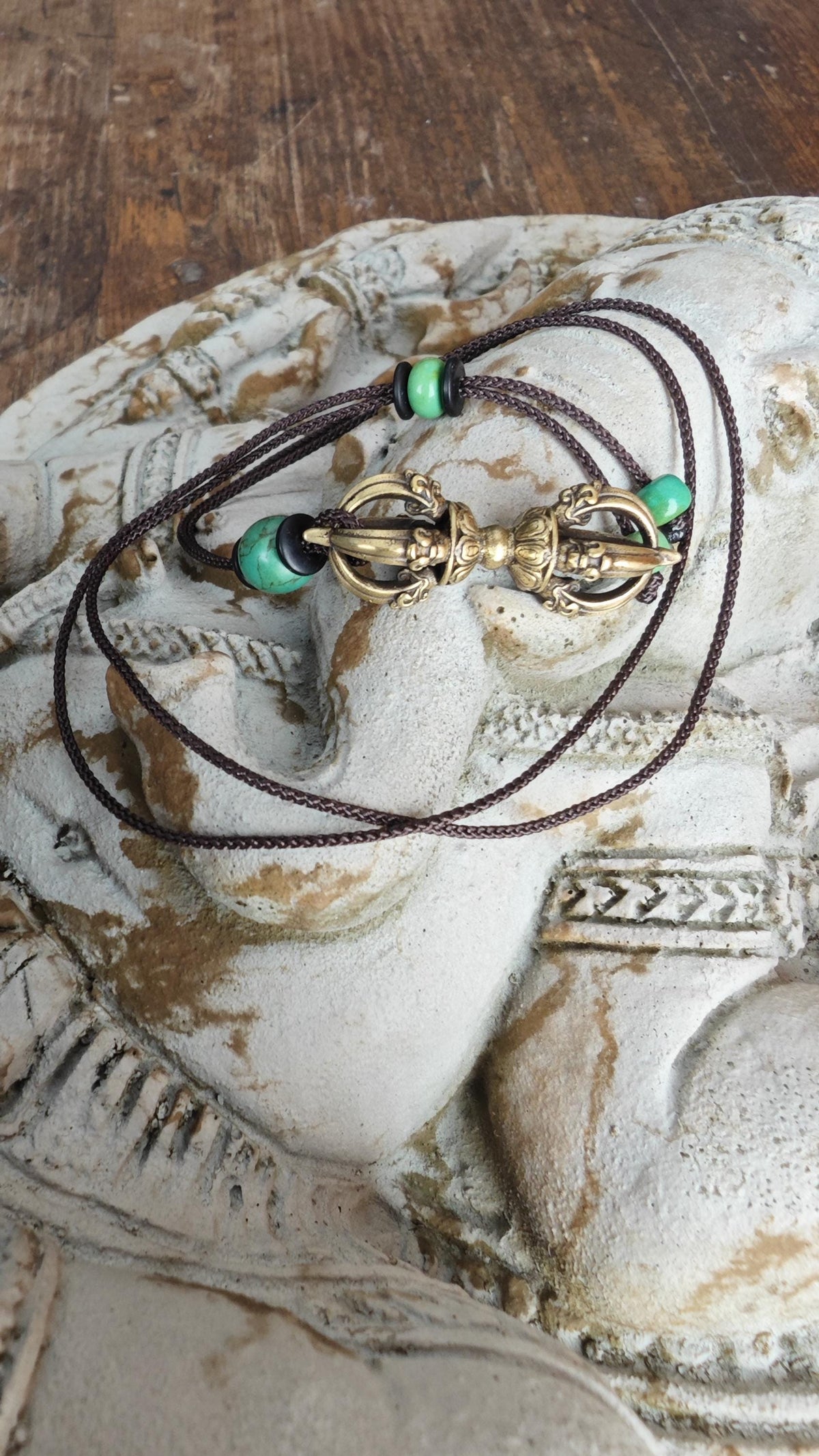 Brass Dorje Vajra Pendant Necklace, Turquoise Gemstone Choker, Tibetan Protection Amulet, Spiritual Yoga Gift, Adjustable Cord 40-76cm