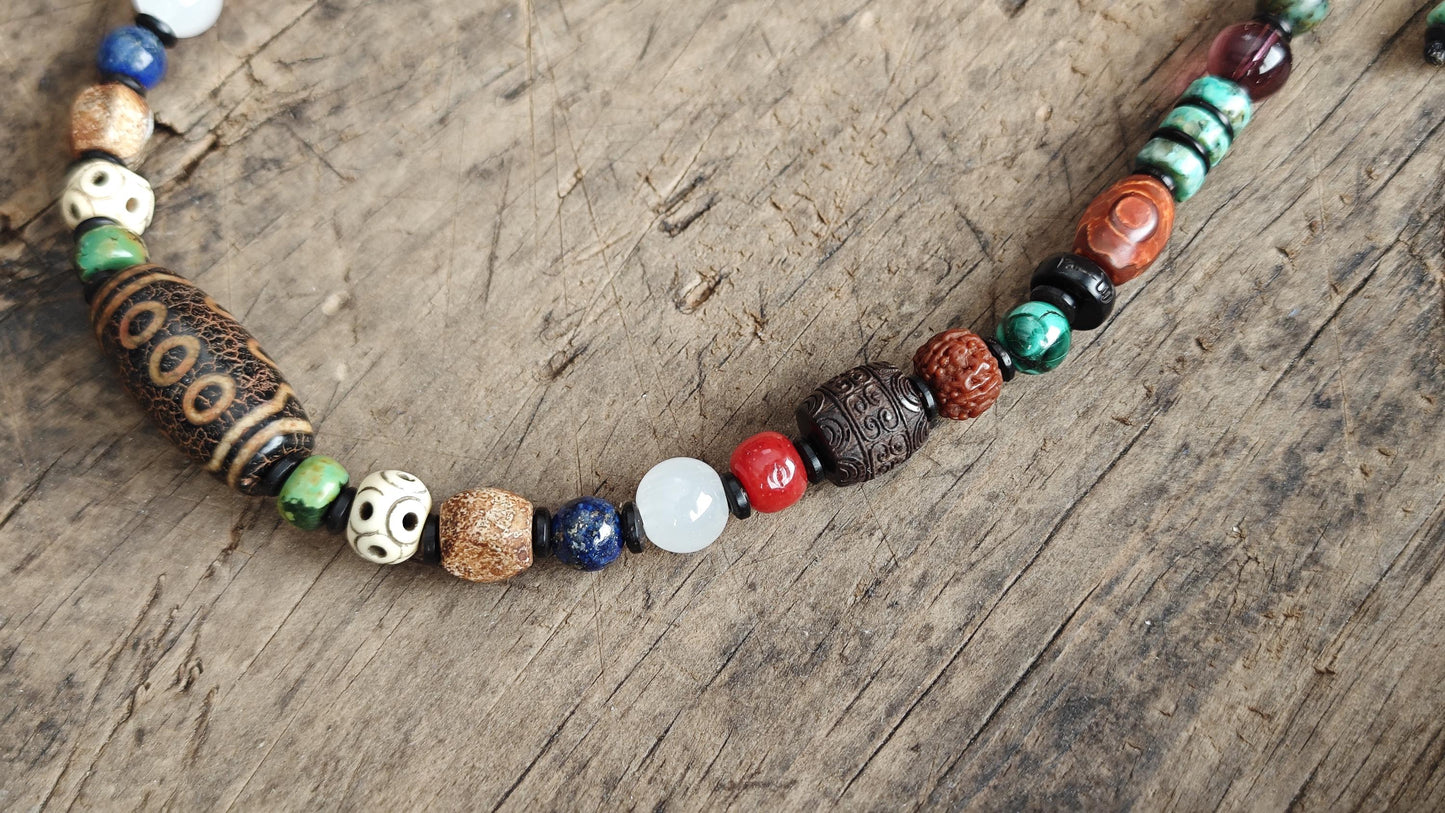 Vintage 3-Eye Dzi Bead Multi Gemstone Necklace, Turquoise Lapis Lazuli Mala, Boho Yoga Amulet