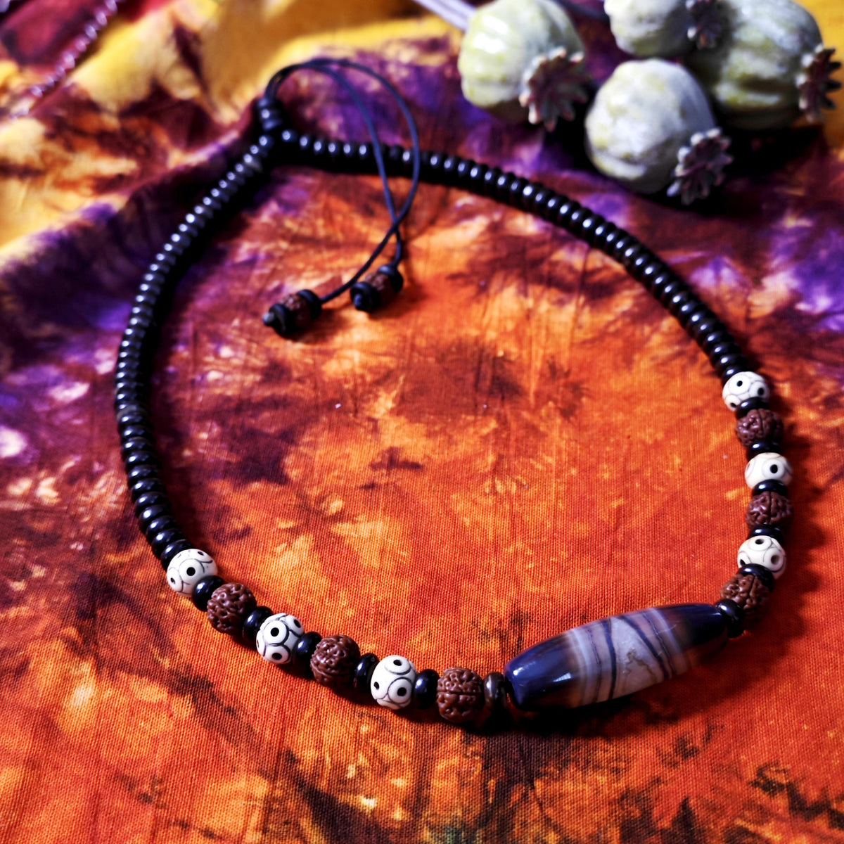 Handmade Sardonyx Agate Necklace with Rudraksha & Yak Bone, Ethnic Spiritual Boho Jewelry