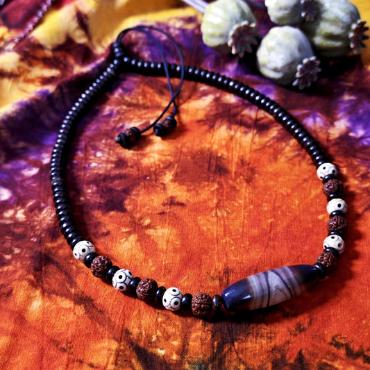 Handmade Sardonyx Agate Necklace with Rudraksha & Yak Bone, Ethnic Spiritual Boho Jewelry