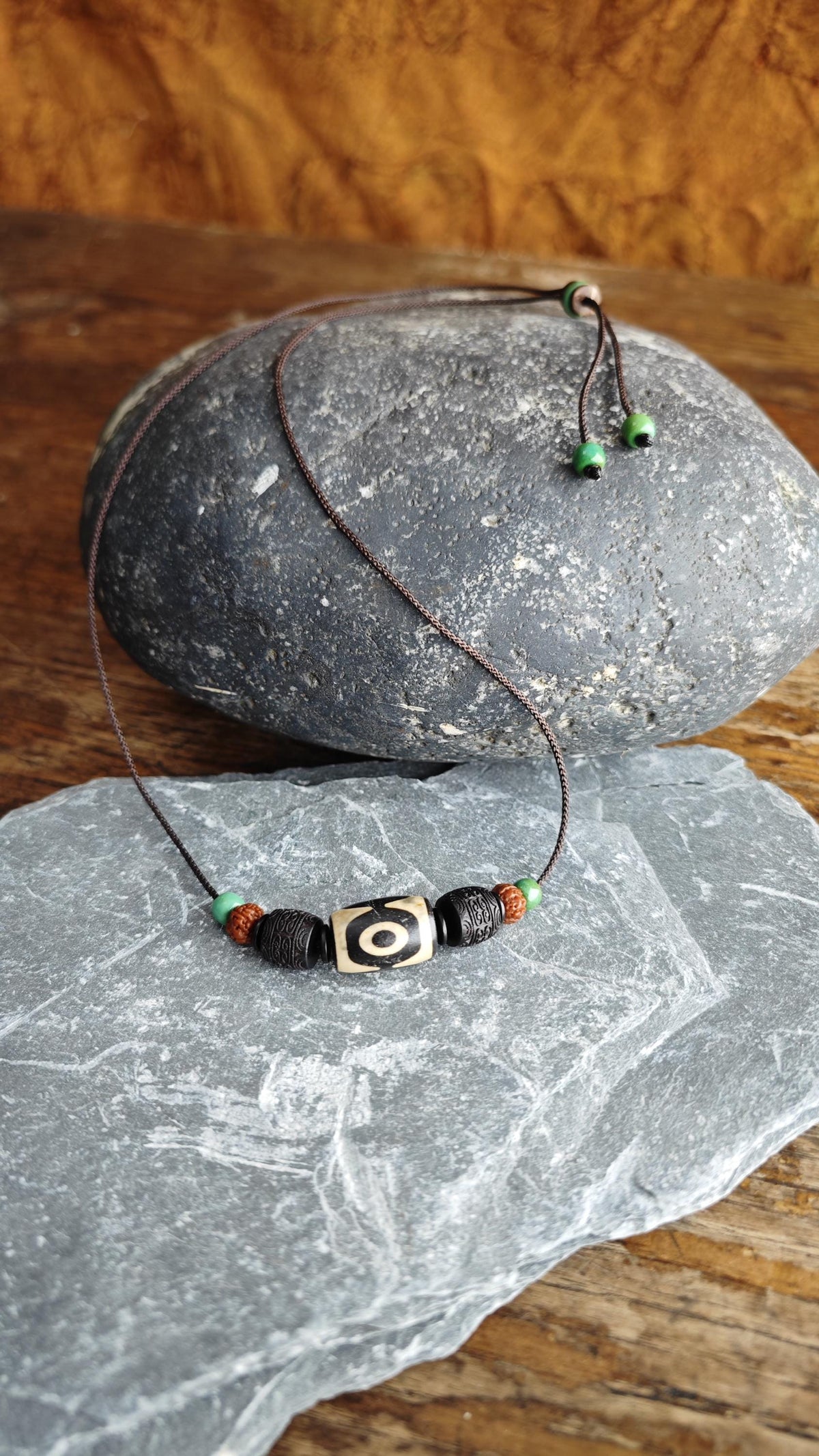 Vintage Tibetan Dzi Bead Necklace, Hand-Carved Hardwood, Rudraksha Mala, Turquoise Pendant