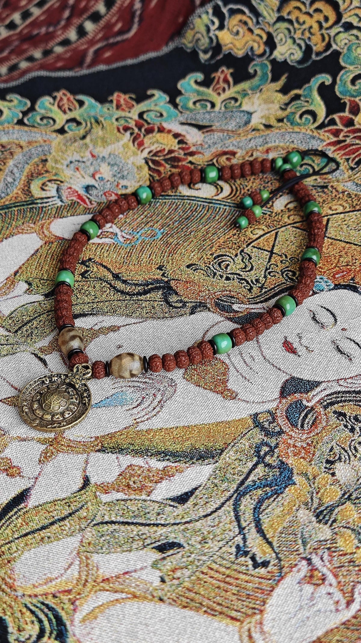 Vintage Tibetan Brass Pendant Necklace, Rudraksha Turquoise Boho Tribal Amulet