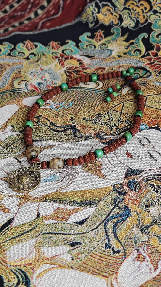 Vintage Tibetan Brass Pendant Necklace, Rudraksha Turquoise Boho Tribal Amulet