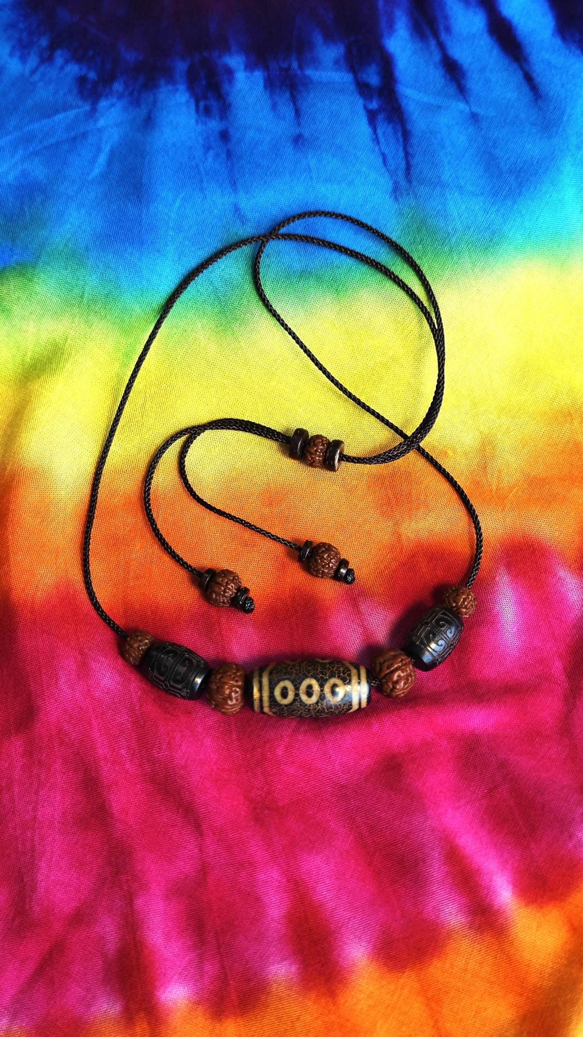Vintage Tibetan Dzi Bead Necklace, Hand Carved Hardwood Choker, Rudraksha Mala Jewelry (40-65cm)