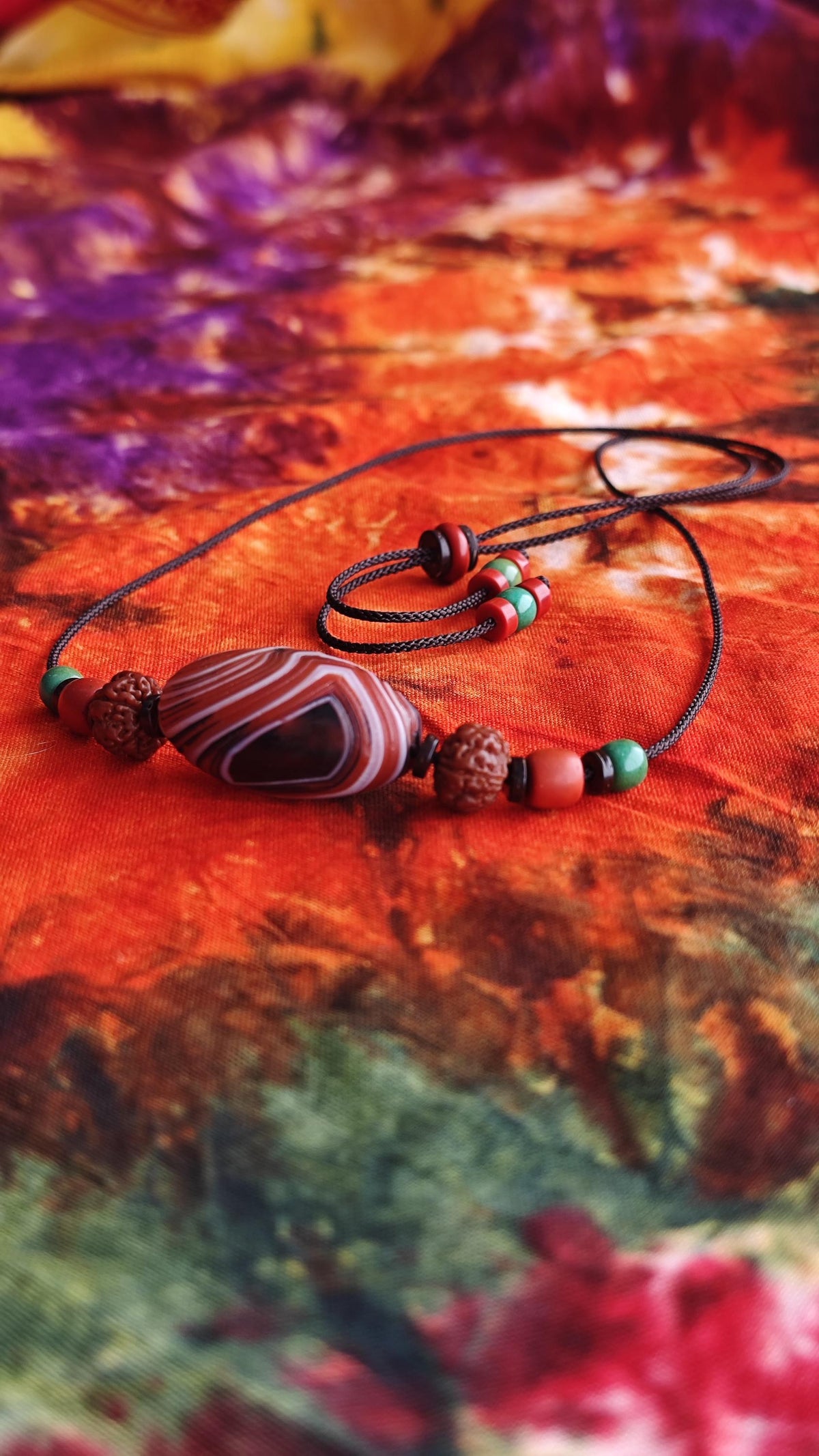 Tibetan Banded Agate Dzi Pendant Necklace, Rudraksha Turquoise Mala, Boho Amulet