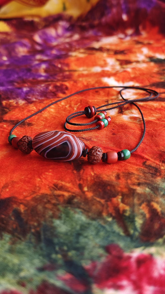Tibetan Banded Agate Dzi Pendant Necklace, Rudraksha Turquoise Mala, Boho Amulet