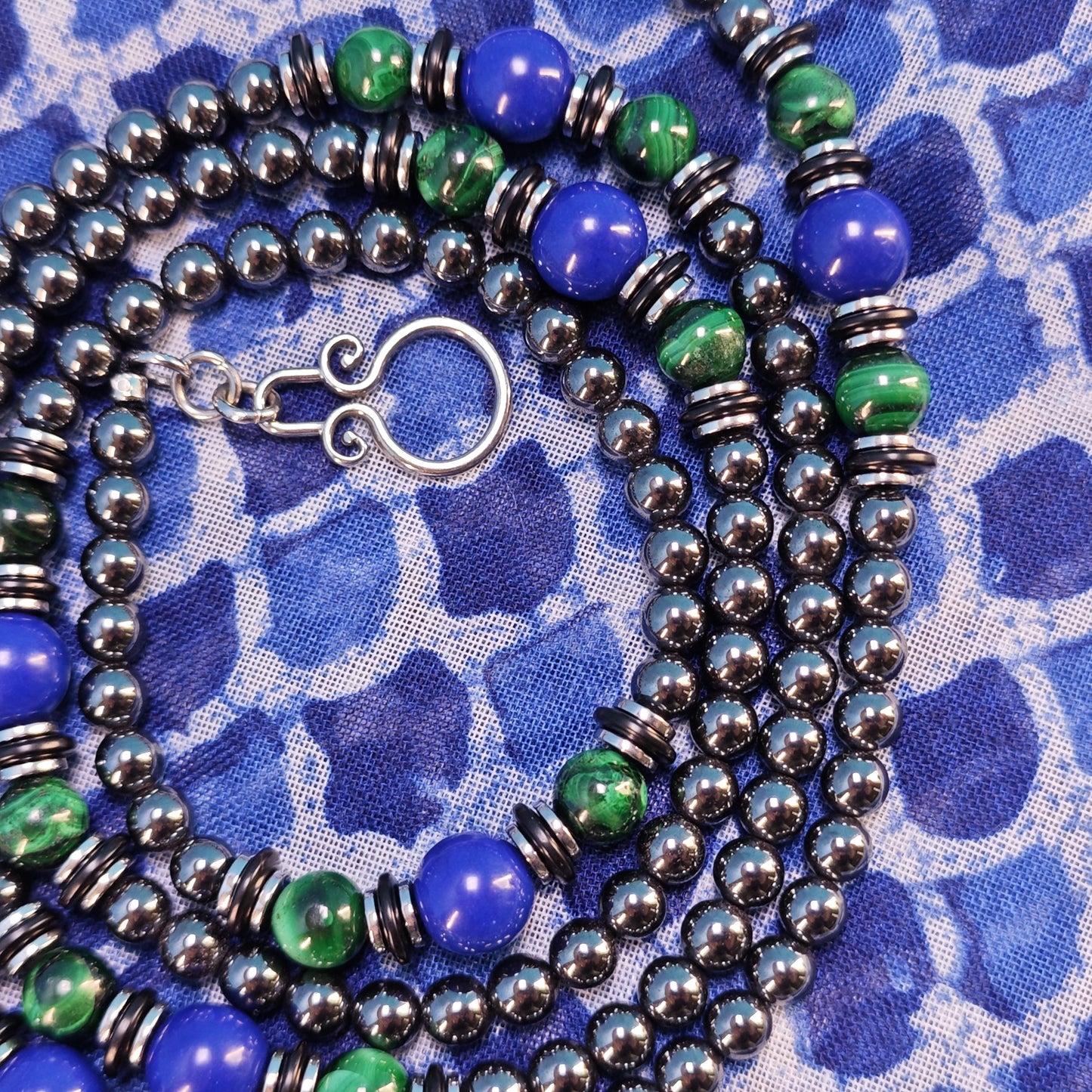 Malachite Lapis Lazuli Hematite Beaded Necklace, Ethnic Boho Double Layer Jewelry