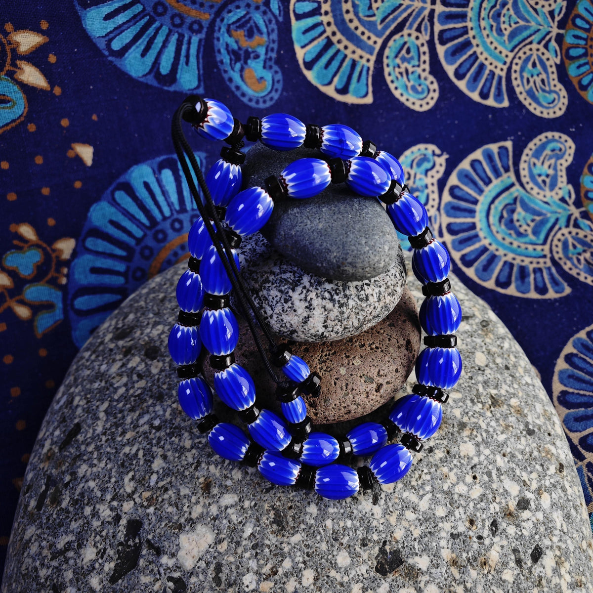 Blue Chevron African Trade Beads Necklace, Coconut Shell Choker, Tribal Boho Glass Jewelry