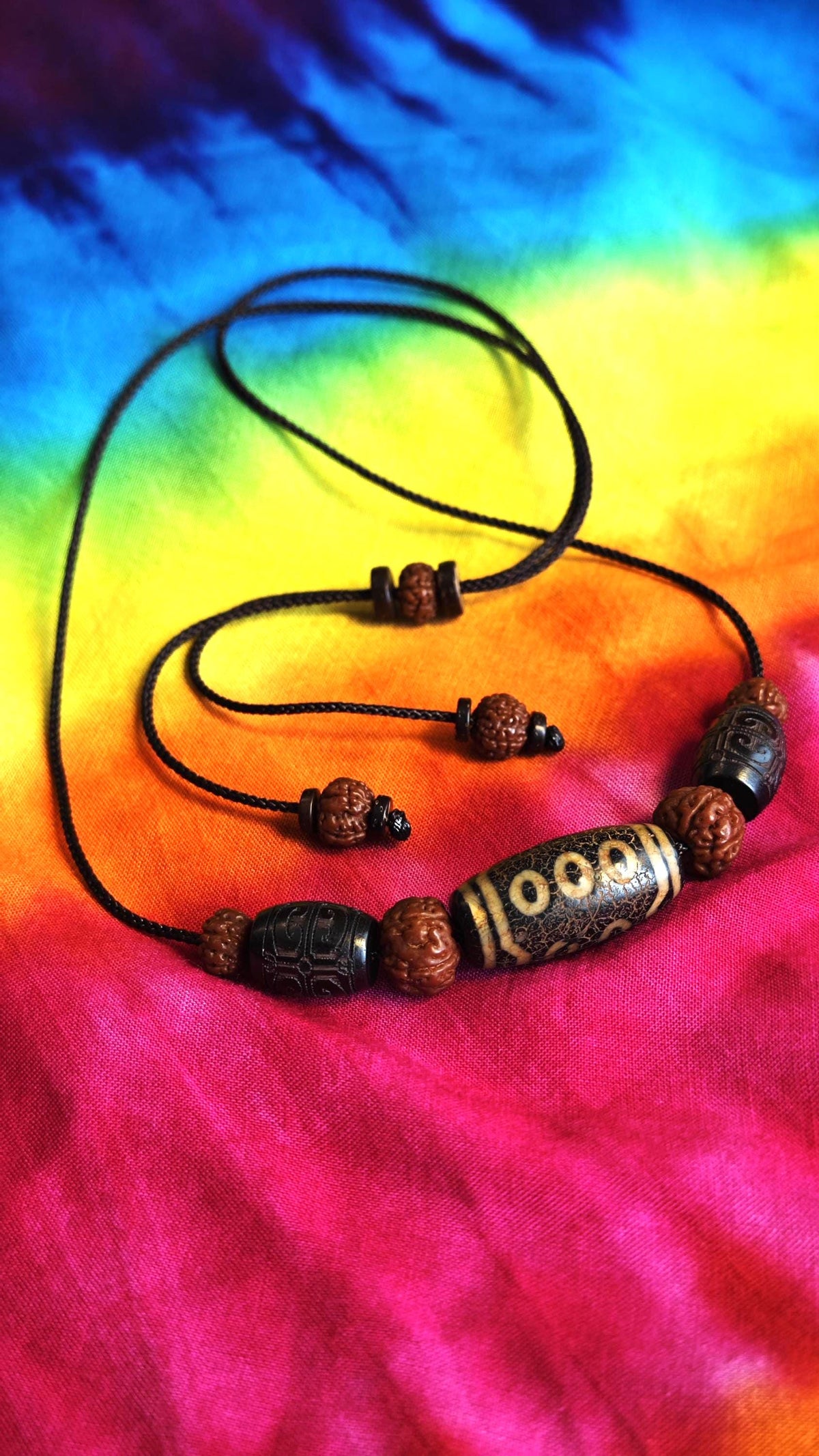 Vintage Tibetan Dzi Bead Necklace, Hand Carved Hardwood Choker, Rudraksha Mala Jewelry (40-65cm)