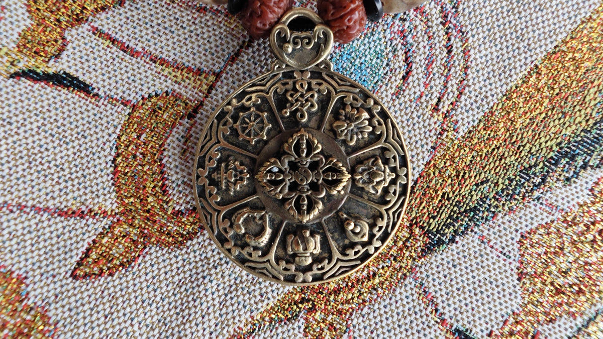 Vintage Tibetan Brass Pendant Necklace, Rudraksha Turquoise Boho Tribal Amulet