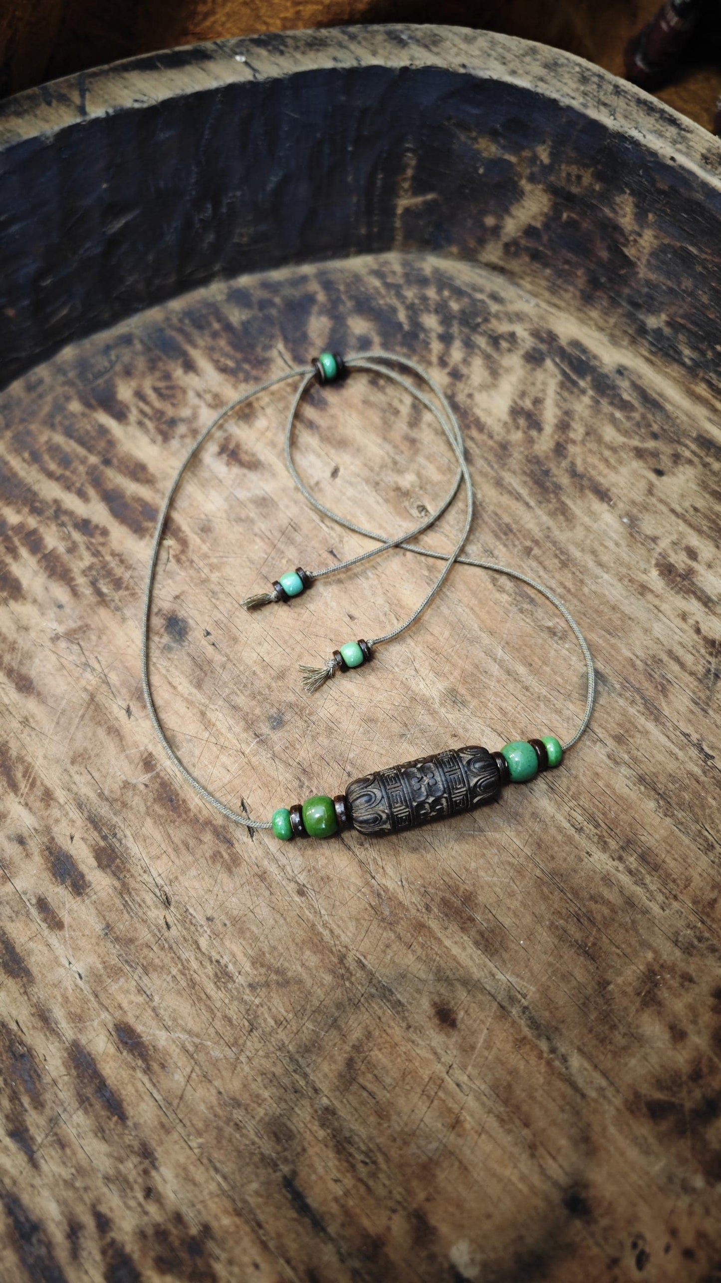 Hand Carved Hardwood Necklace, Large Carved Wood Bead Choker, Turquoise Tribal Boho Amulet, Adjustable Cord Pendant 40-70cm