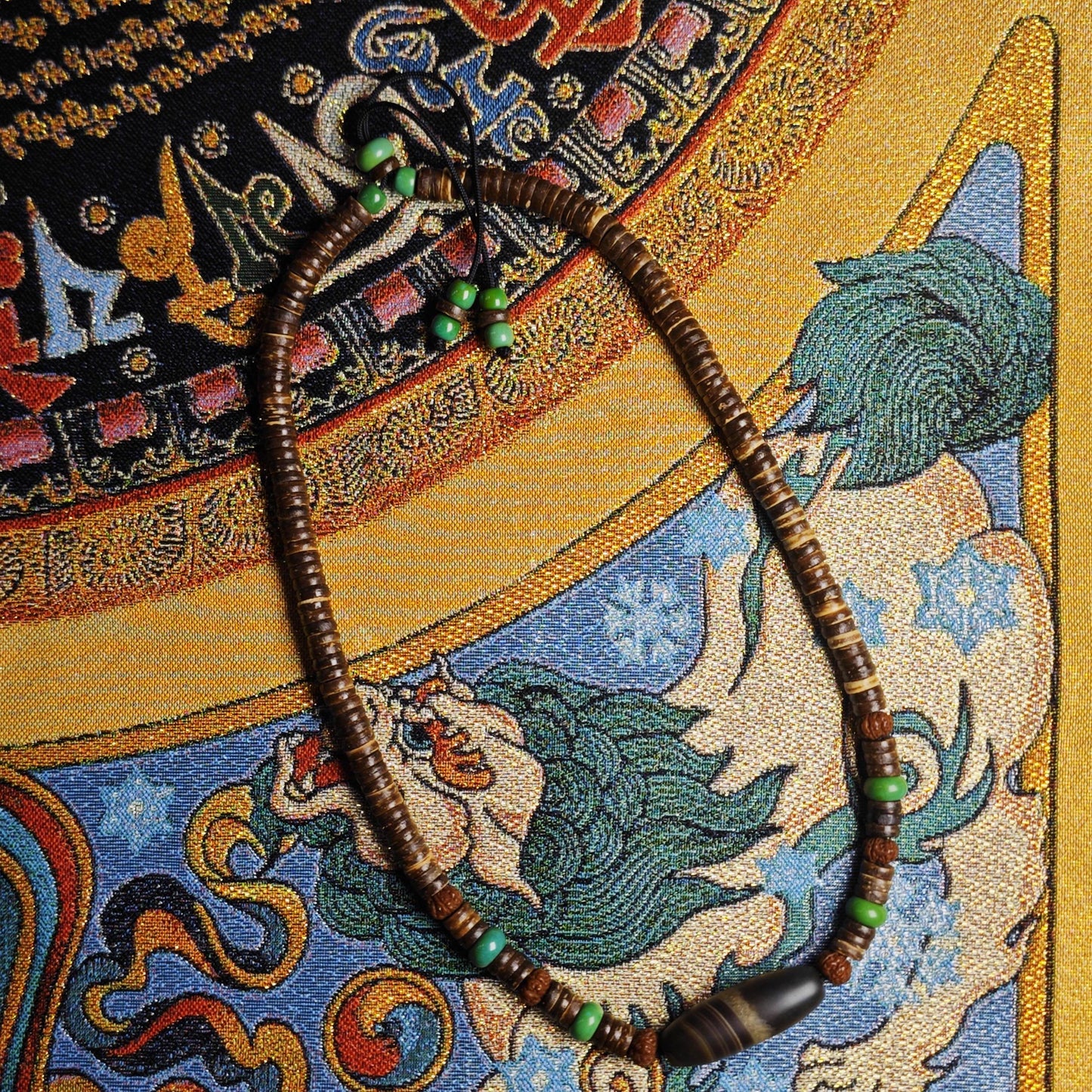 Tibetan Dzi Bead Necklace, Turquoise, Rudraksha, Coconut Shell, Ethnic Boho Jewelry