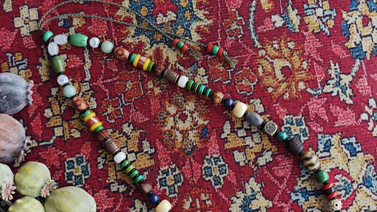 Vintage Tibetan 9 Eye Dzi Bead  Multi Gemstone Necklace, Handcarved Om Mani Padme Hum, Ethnic Tribal Amulet 62-80cm