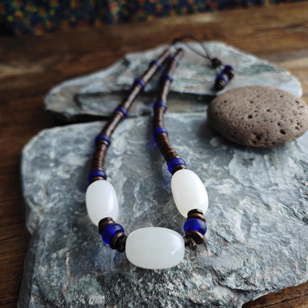 Mutton Fat White Jade Necklace, Cobalt Blue Liuli Bead Choker, Coconut Shell Heishi Chain, Zen Boho Jewelry, Unisex Gemstone Necklace 50cm