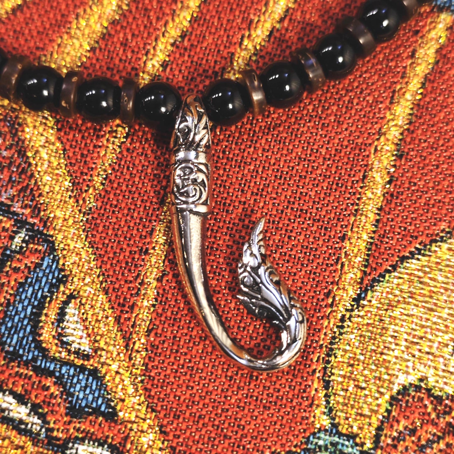 Black Onyx Agate Beaded Necklace, Thai Naga Hook Pendant, Ethnic Tribal Boho Chic Jewelry