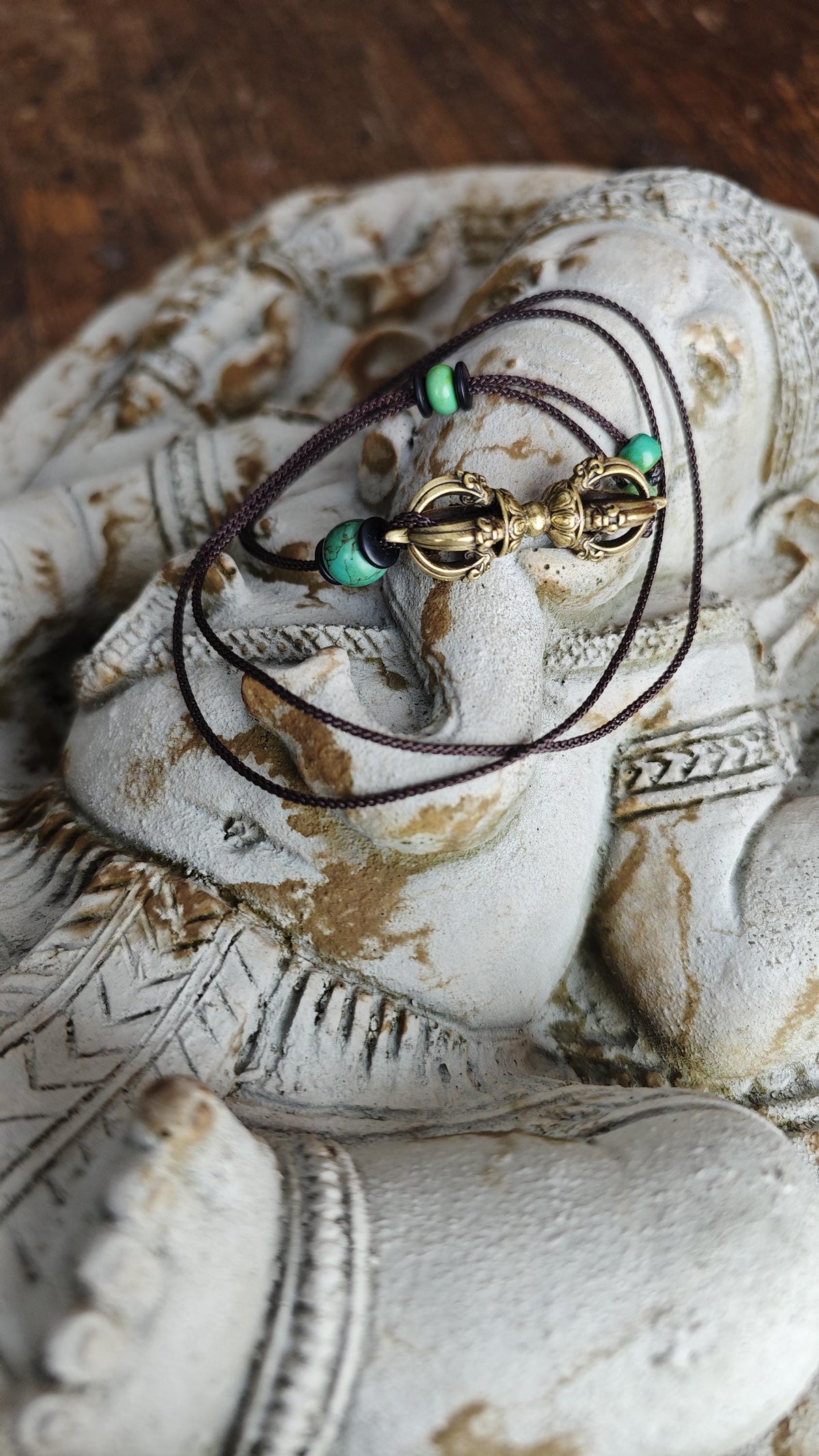 Brass Dorje Vajra Pendant Necklace, Turquoise Gemstone Choker, Tibetan Protection Amulet, Spiritual Yoga Gift, Adjustable Cord 40-76cm