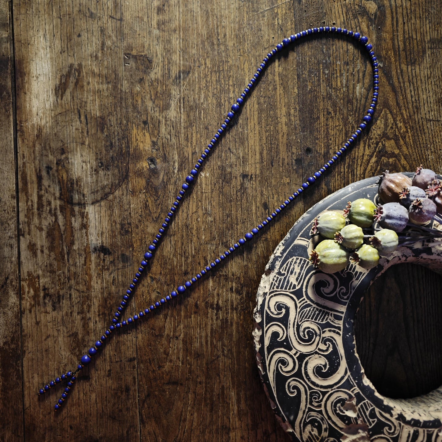 Handmade Long Lapis Lazuli Necklace with Hematite, Spiritual Ethnic Bohemian Jewelry