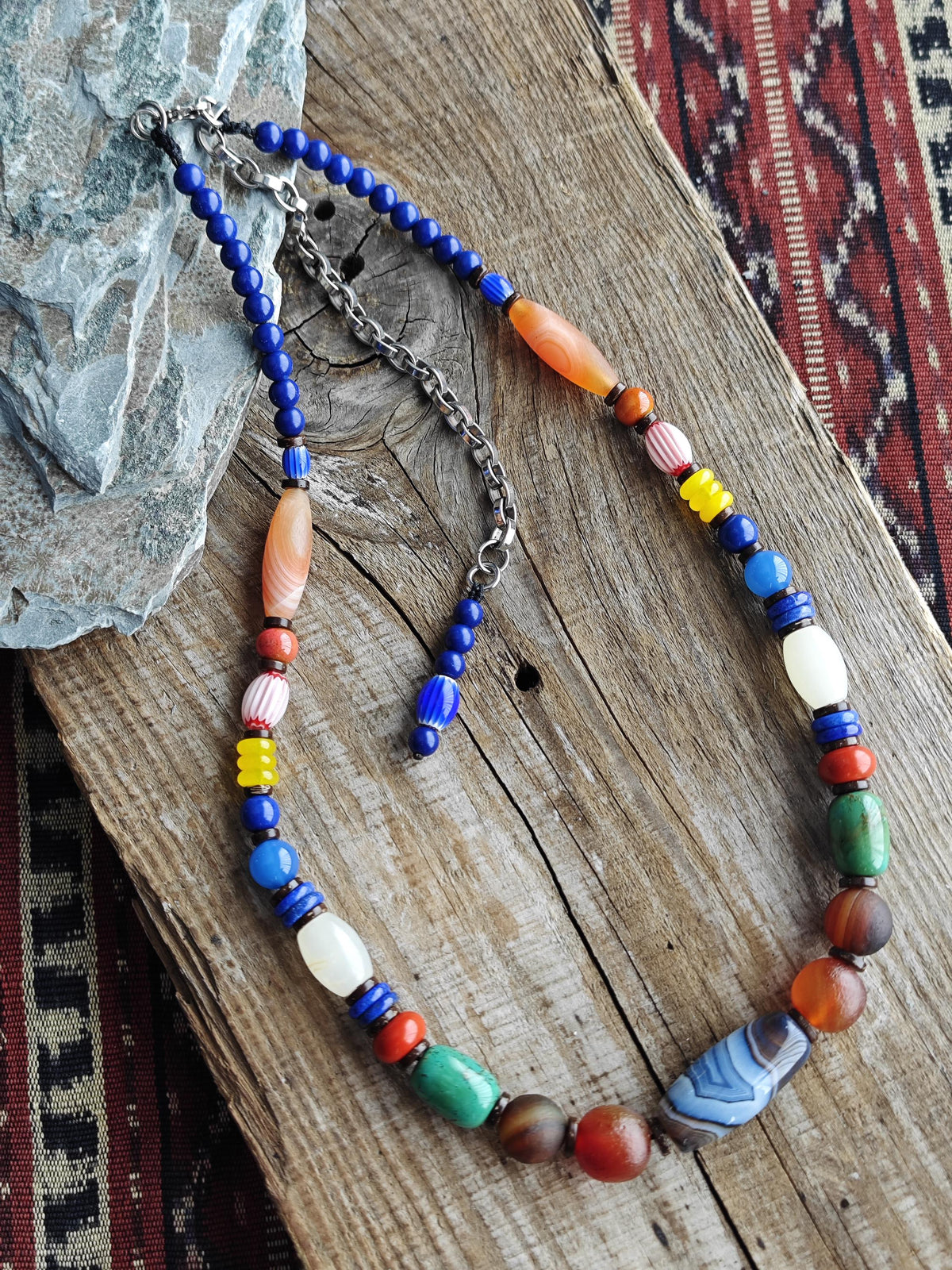 Handmade Multi Gemstone Necklace with Sardonyx Agate & Turquoise | Long Ethnic Bohemian Jewelry