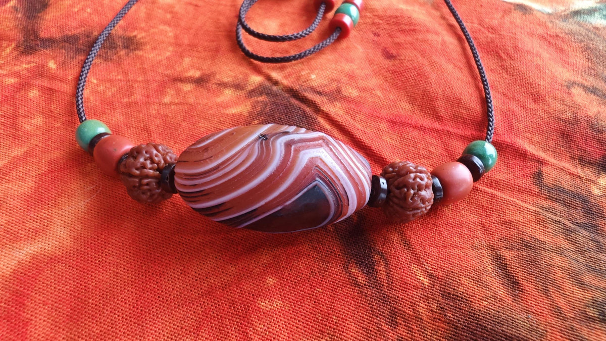 Tibetan Banded Agate Dzi Pendant Necklace, Rudraksha Turquoise Mala, Boho Amulet