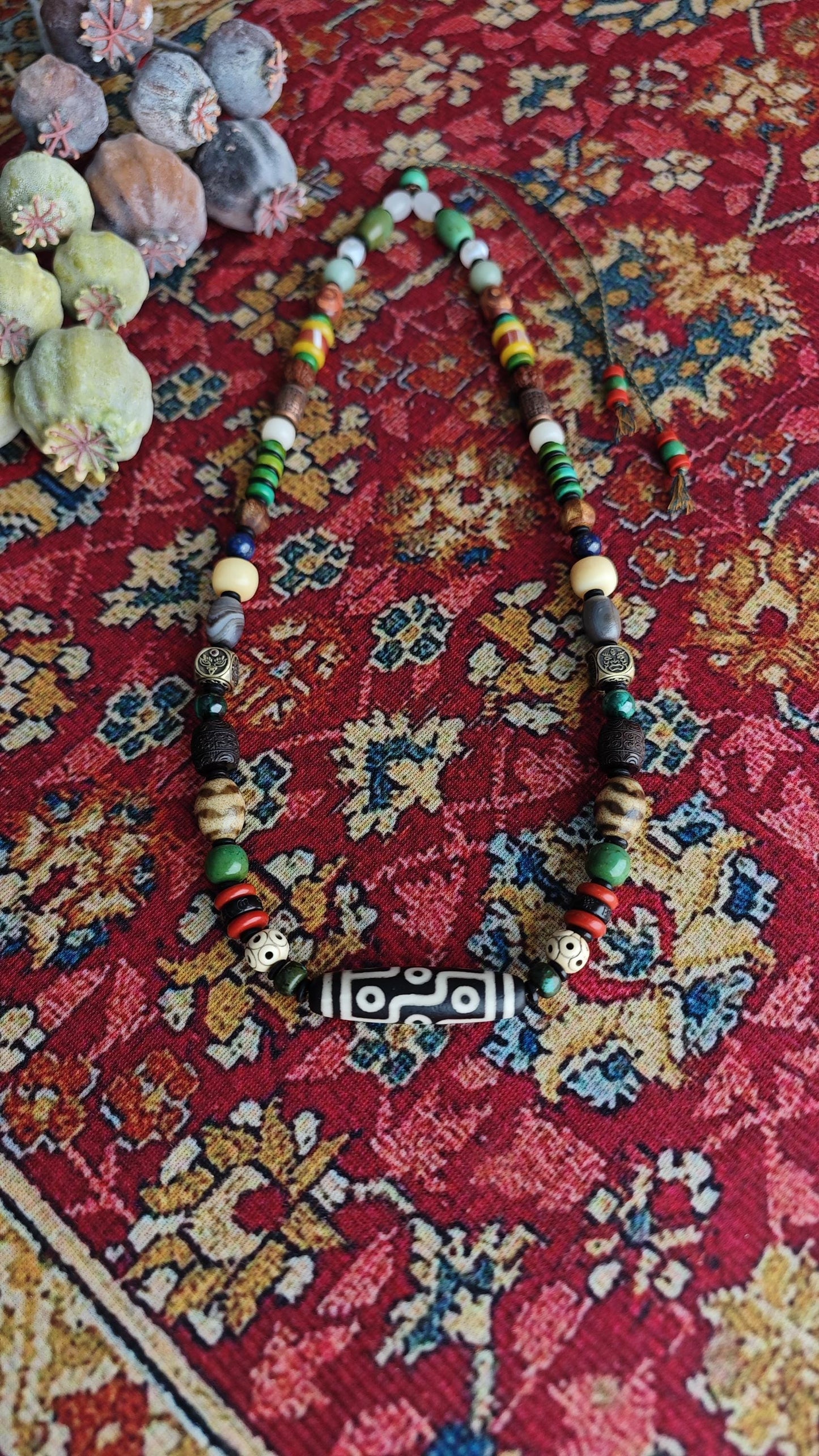 Vintage Tibetan 9 Eye Dzi Bead  Multi Gemstone Necklace, Handcarved Om Mani Padme Hum, Ethnic Tribal Amulet 62-80cm