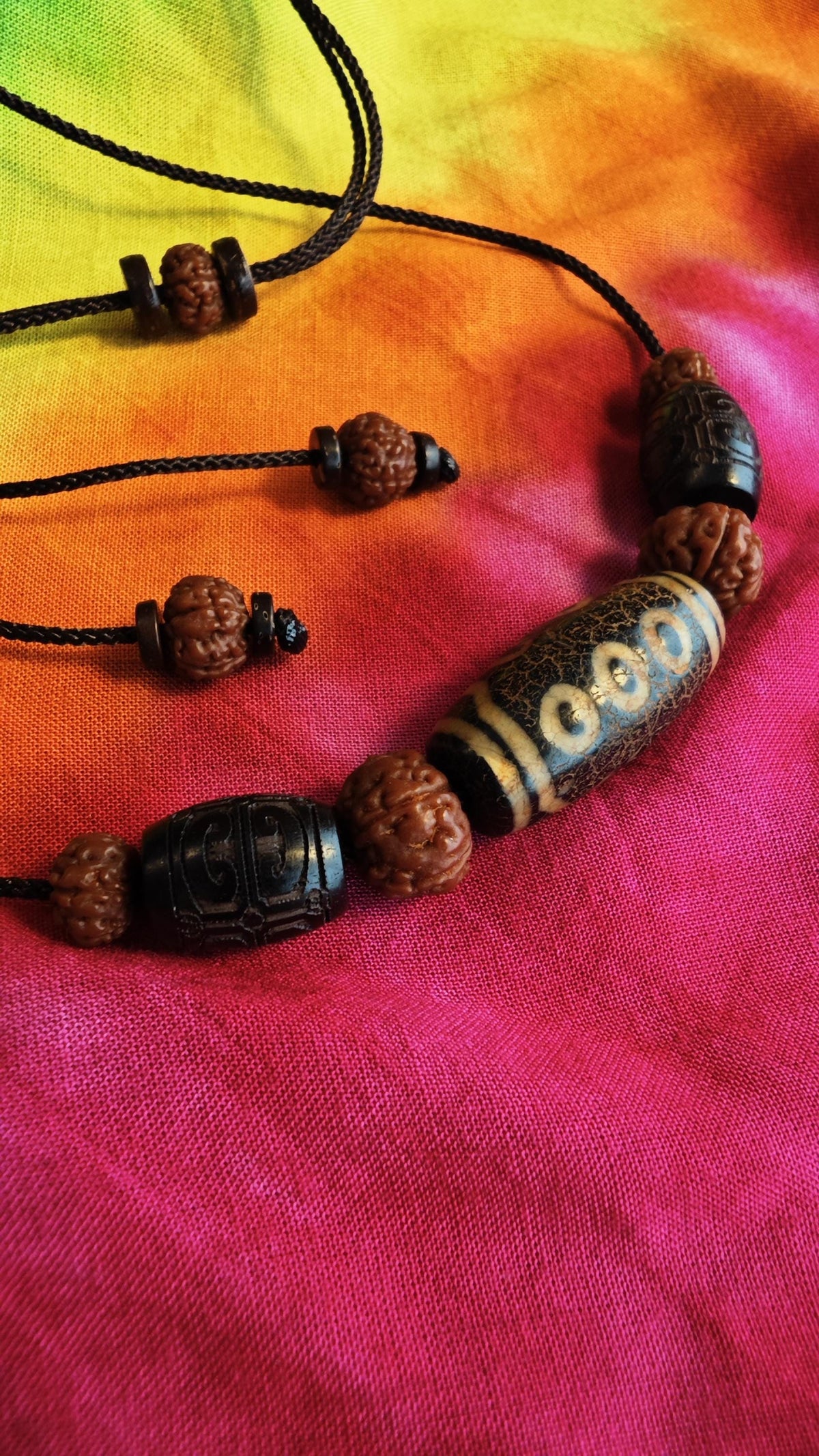 Vintage Tibetan Dzi Bead Necklace, Hand Carved Hardwood Choker, Rudraksha Mala Jewelry (40-65cm)