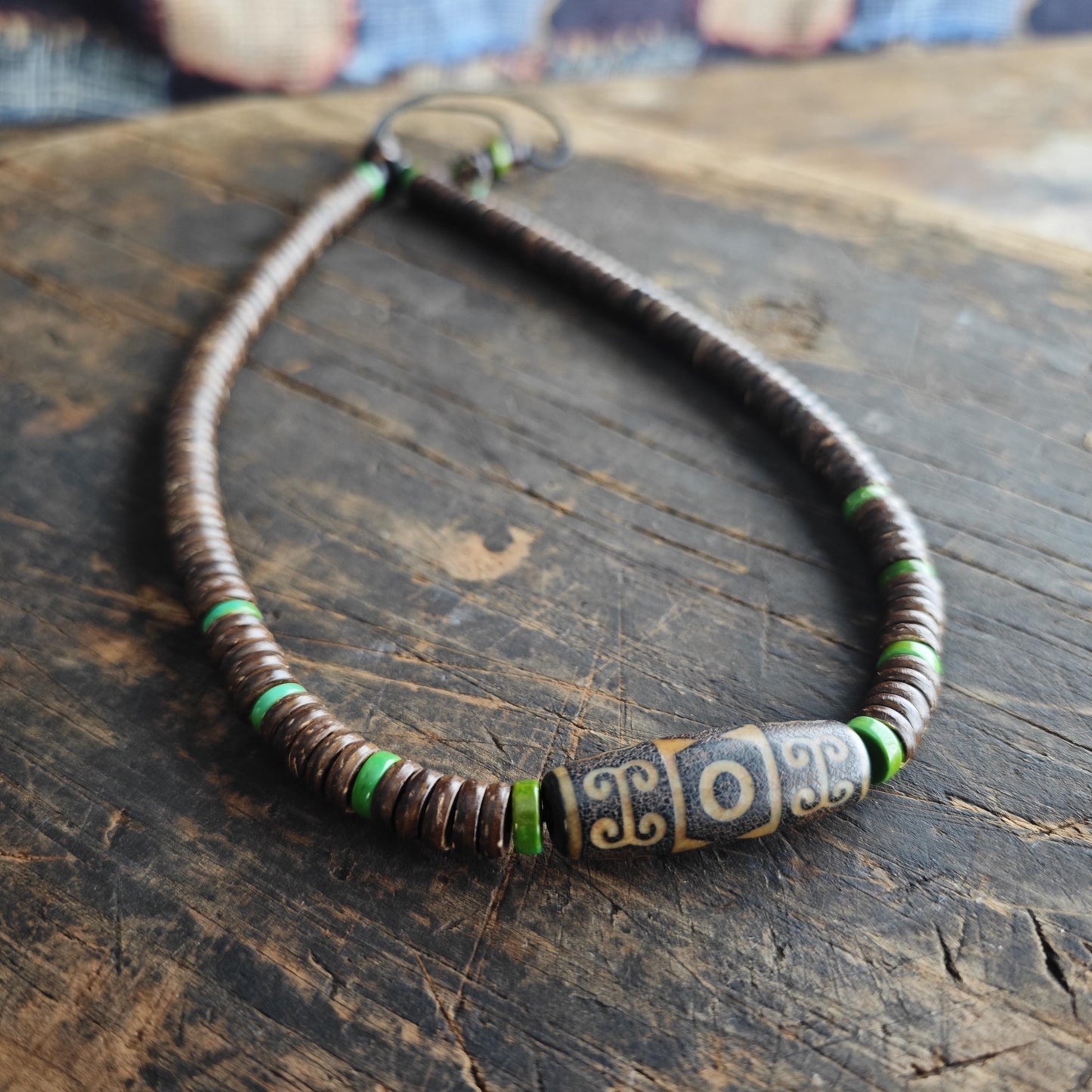Vintage Tibetan Dzi Bead Necklace, Coconut Shell Heishi Choker, Turquoise Spacer Boho Jewelry, Tribal Mens Surfer Necklace 47cm