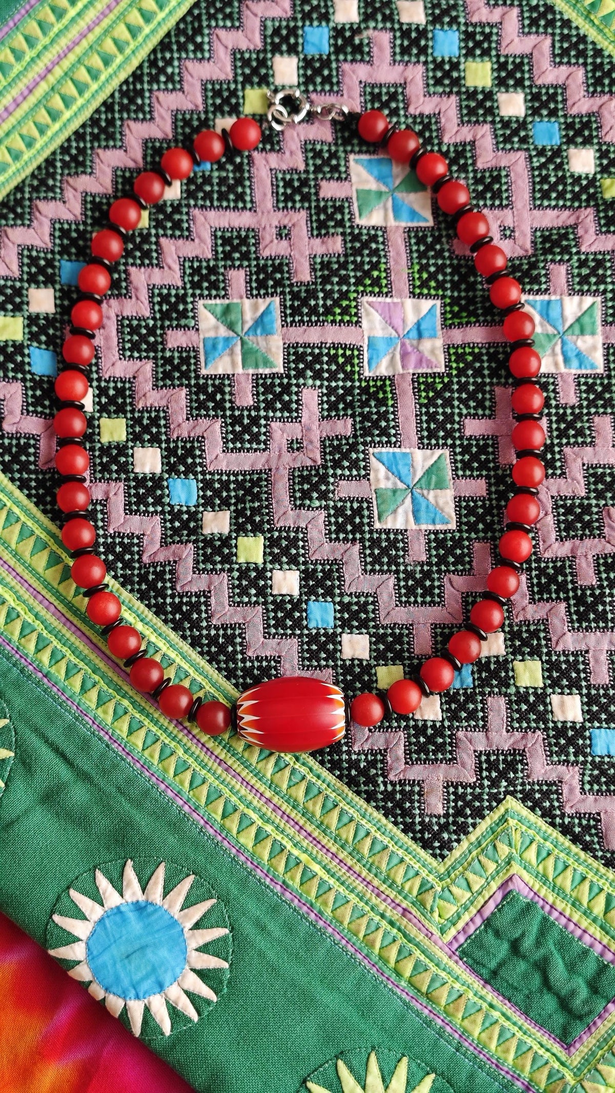 Red Chevron African Trade Bead Necklace, Nan Hong Agate, Coconut Disc, Stainless Steel Clasp