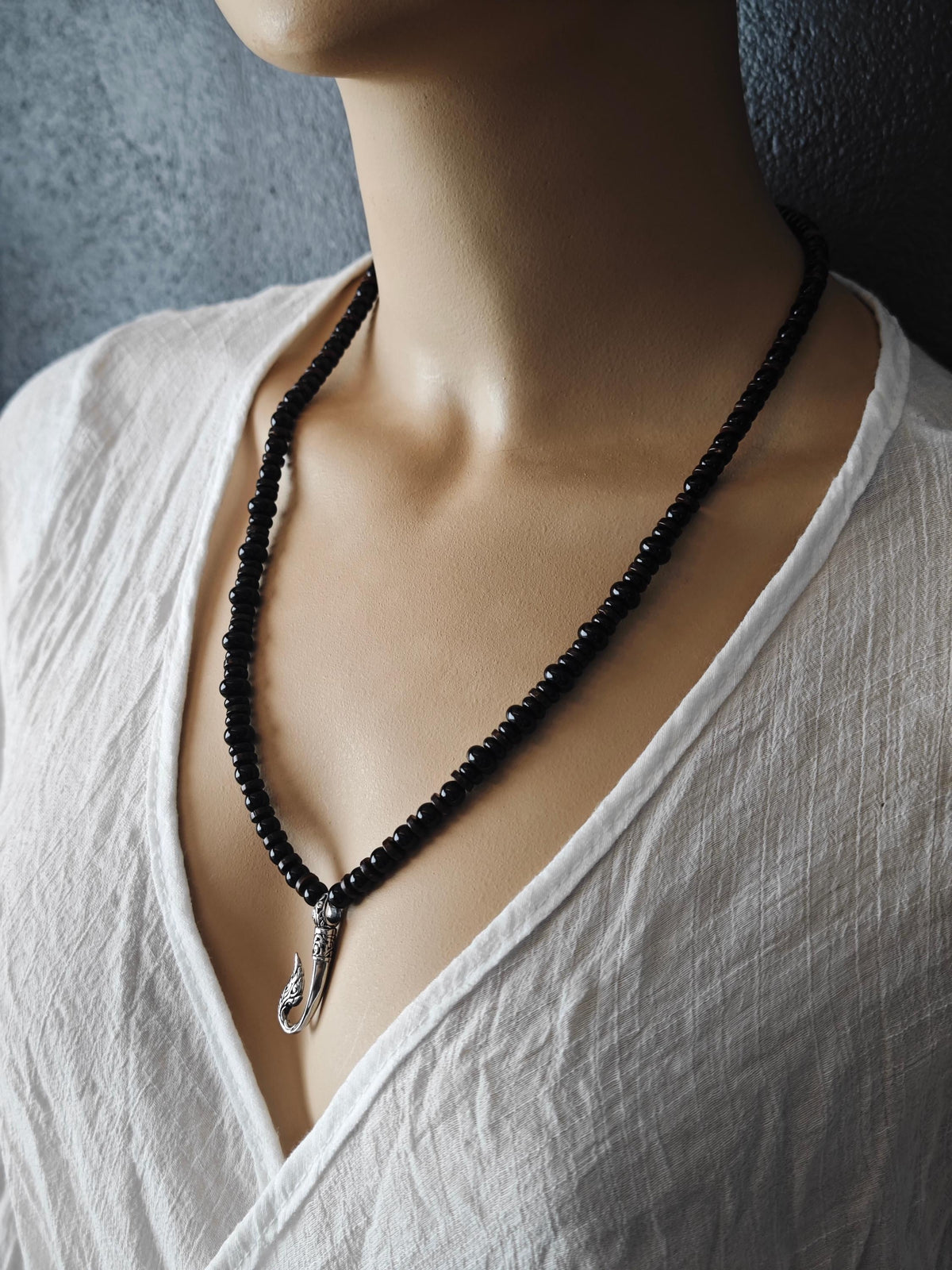 Black Onyx Agate Beaded Necklace, Thai Naga Hook Pendant, Ethnic Tribal Boho Chic Jewelry