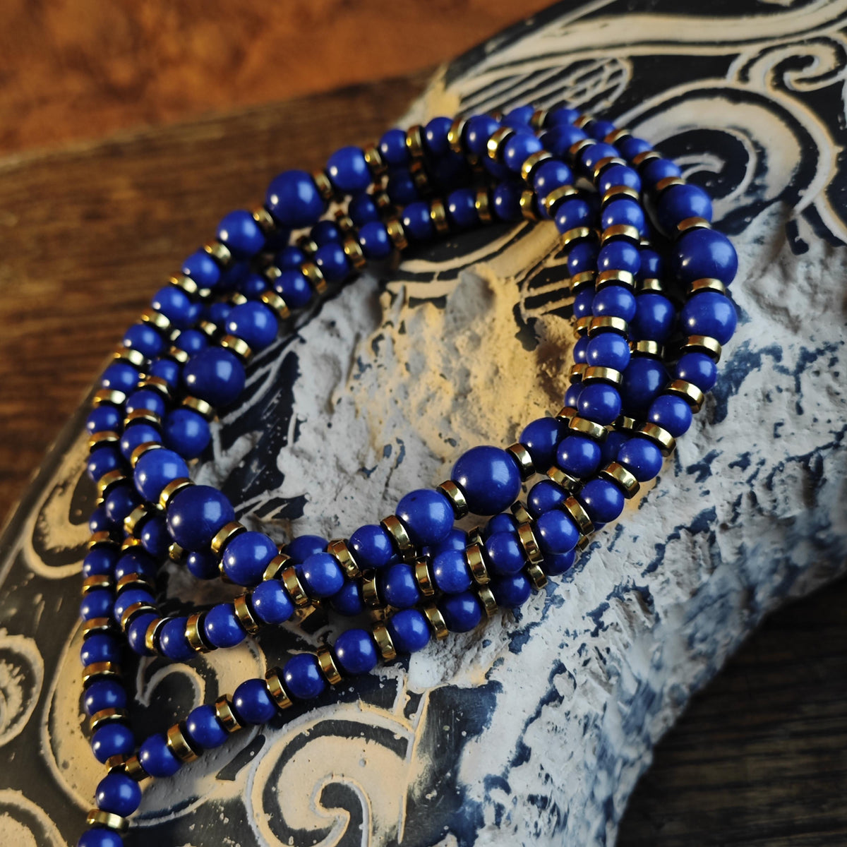 Handmade Long Lapis Lazuli Necklace with Hematite, Spiritual Ethnic Bohemian Jewelry