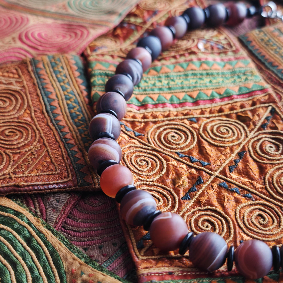 Handmade Matte Banded Agate Necklace with Coconut Spacers | Adjustable Ethnic Boho Jewelry