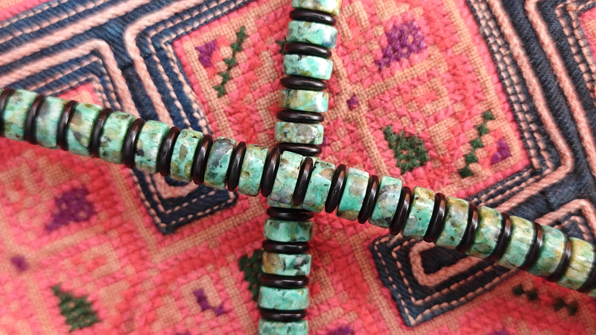 Vintage Tibetan Dzi Bead Turquoise Choker, Rudraksha Mala, Coconut Shell, Tribal Amulet Necklace