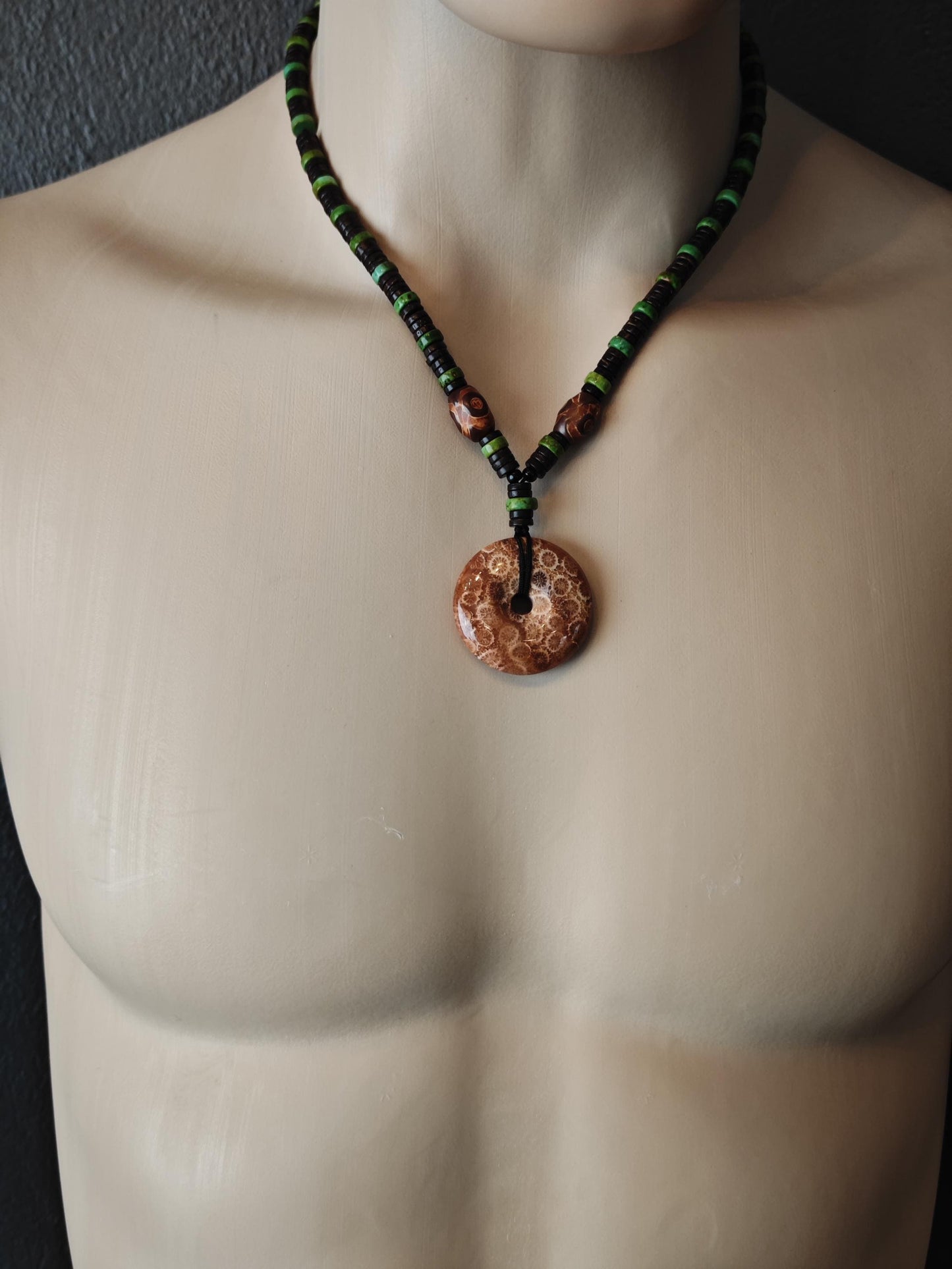 Indonesian Coral Fossil Necklace | Chrysanthemum Pattern, Mini Dzi, Turquoise | Ethnic Tribal Boho