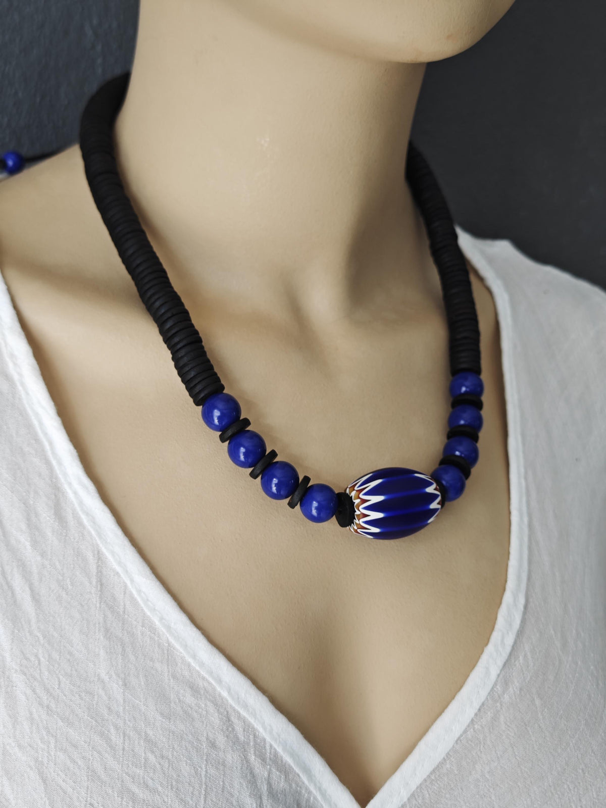 Large African Trade Bead Necklace with Lapis Lazuli & Coconut, Ethnic Tribal Bohemian Jewelry