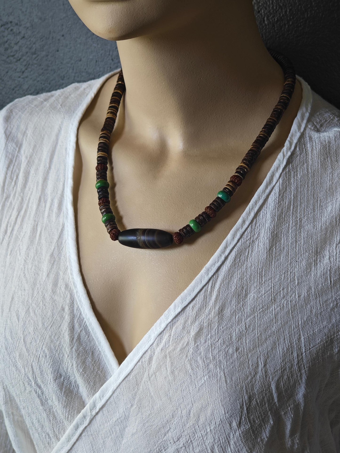 Tibetan Dzi Bead Necklace, Turquoise, Rudraksha, Coconut Shell, Ethnic Boho Jewelry