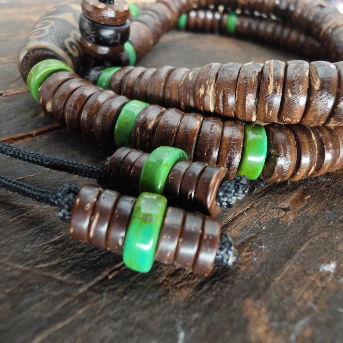 Vintage Tibetan Dzi Bead Necklace, Coconut Shell Heishi Choker, Turquoise Spacer Boho Jewelry, Tribal Mens Surfer Necklace 47cm