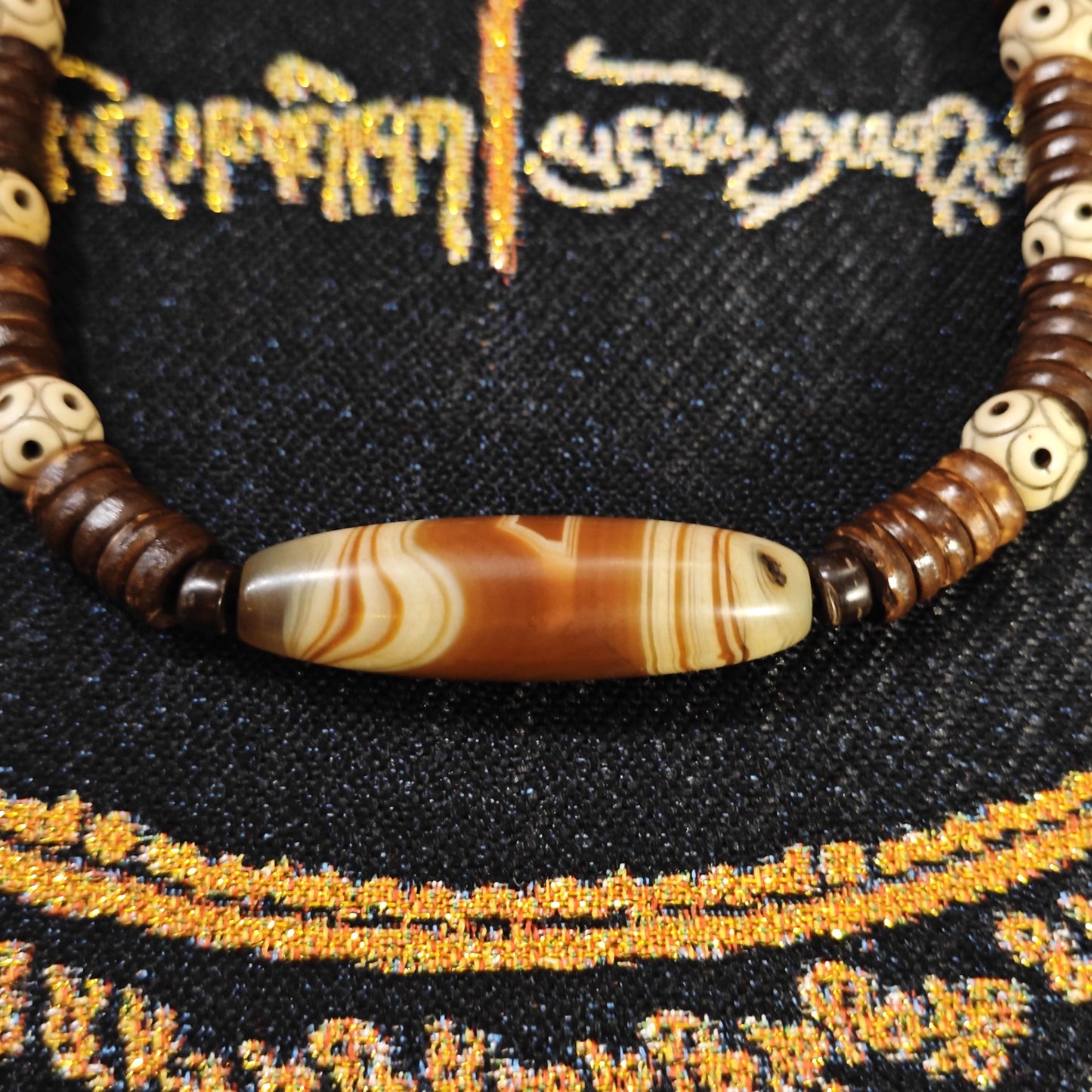 Tibetan Sardonyx Agate Dzi Bead Necklace, Yak Bone, Coconut Shell, Bohemian Spiritual Jewelry