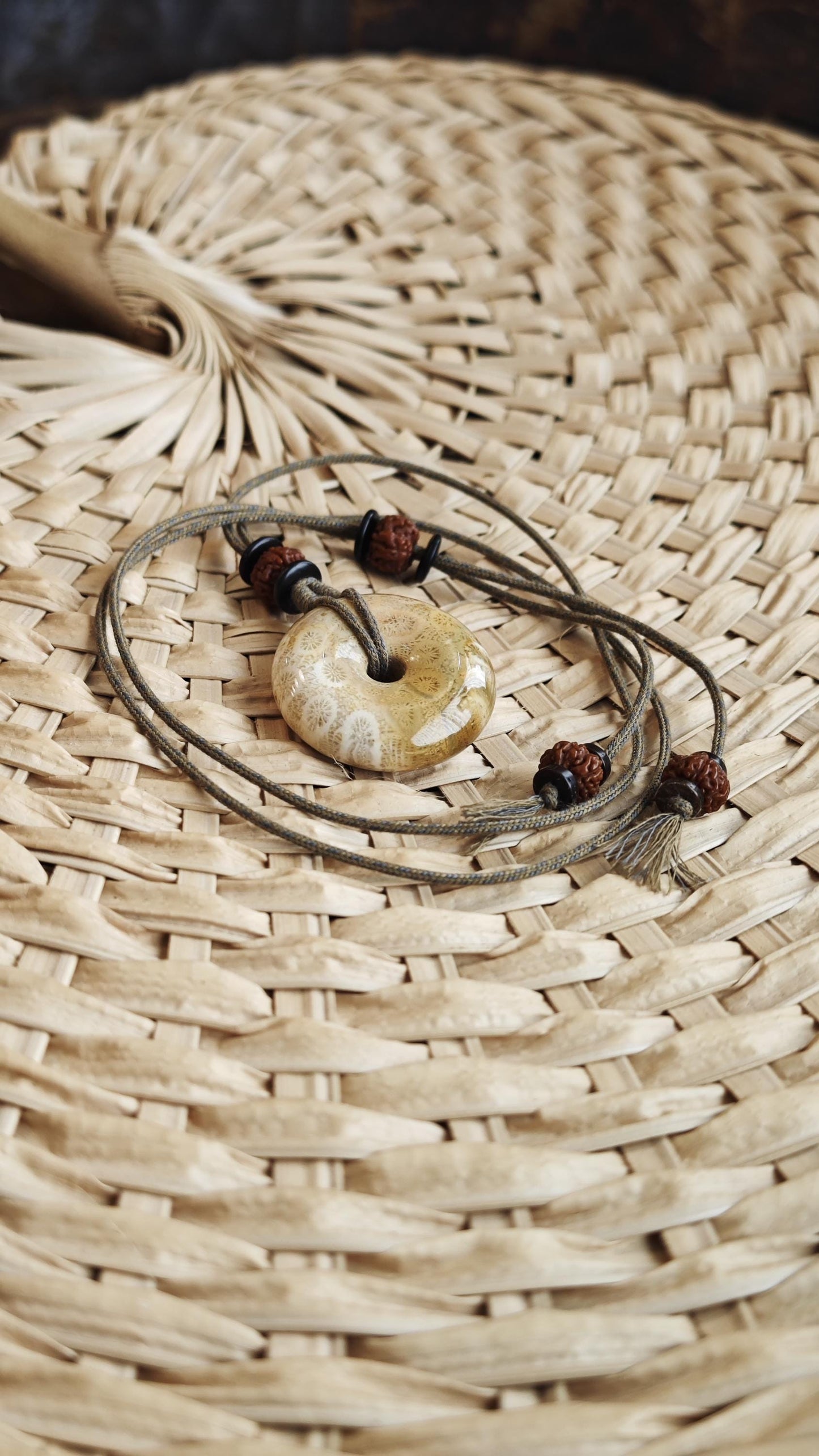 Coral Fossil Donut Pendant, Fossilized Coral Pi Disc Necklace, Rudraksha Mala Bead, Tribal Boho Amulet, Adjustable Cord Gift 40-70cm