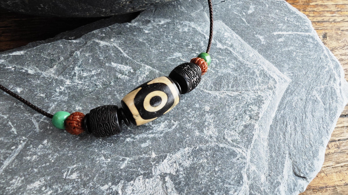 Vintage Tibetan Dzi Bead Necklace, Hand-Carved Hardwood, Rudraksha Mala, Turquoise Pendant