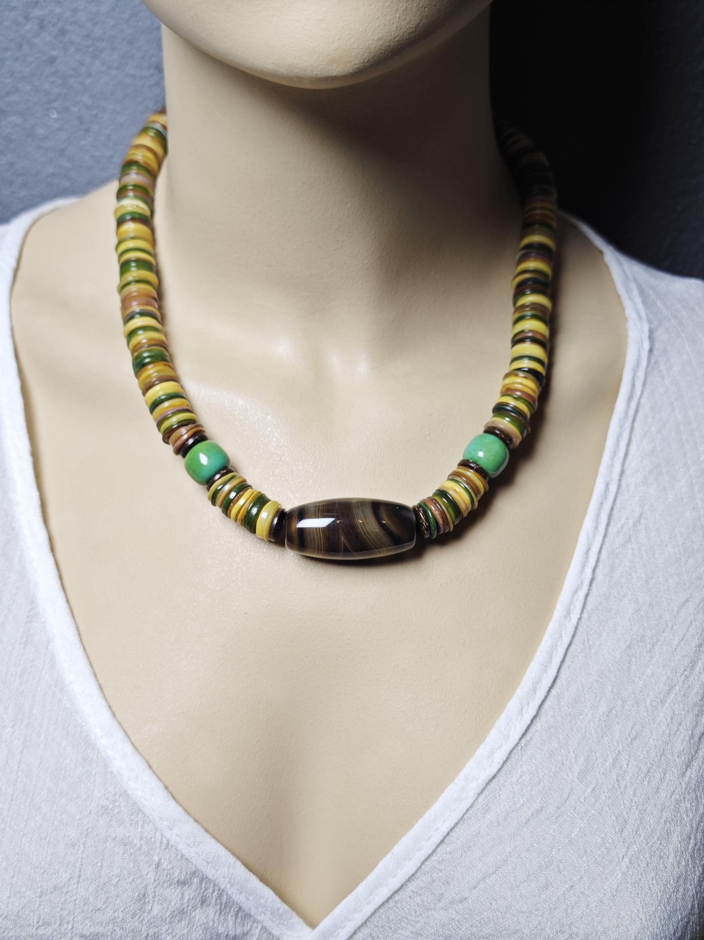 Sardonyx Agate & Turquoise Beaded Necklace, Coconut Shell Heishi Choker, Earthy Tribal Surfer Jewelry, Men's Gemstone Necklace 48cm