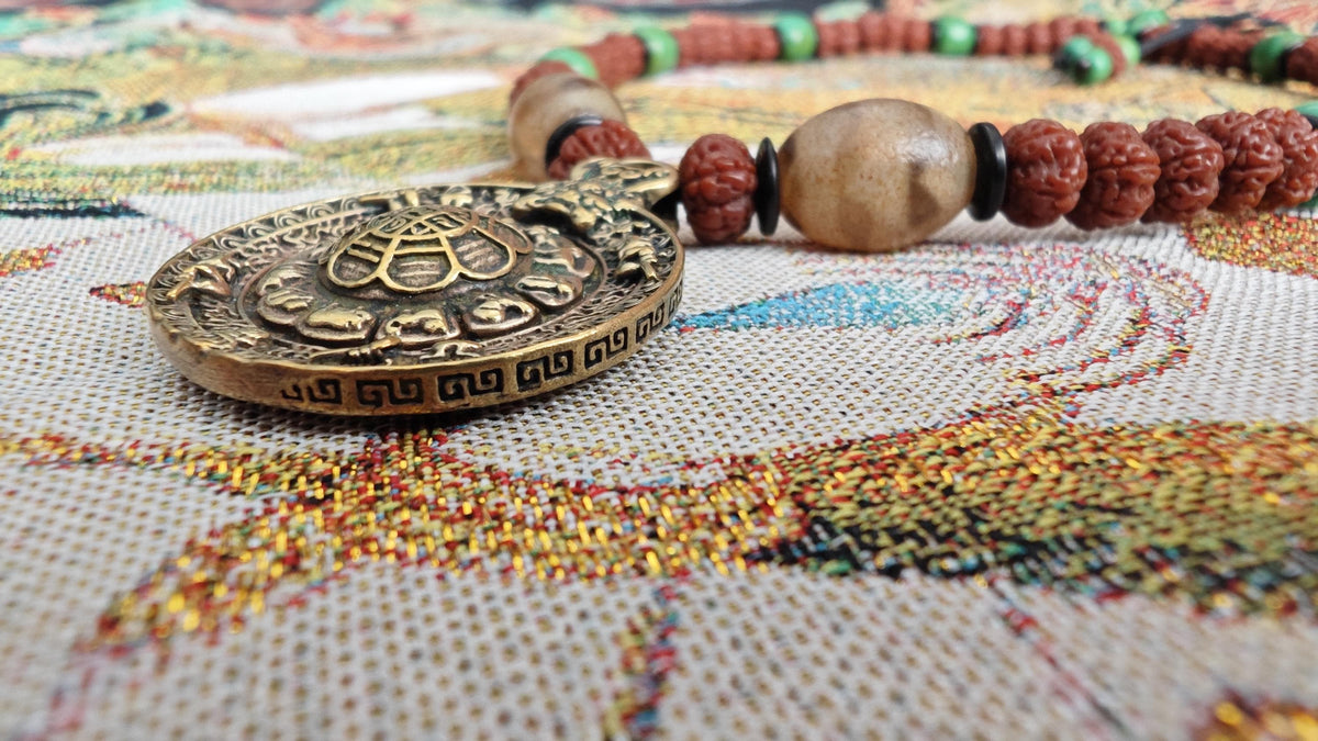 Vintage Tibetan Brass Pendant Necklace, Rudraksha Turquoise Boho Tribal Amulet