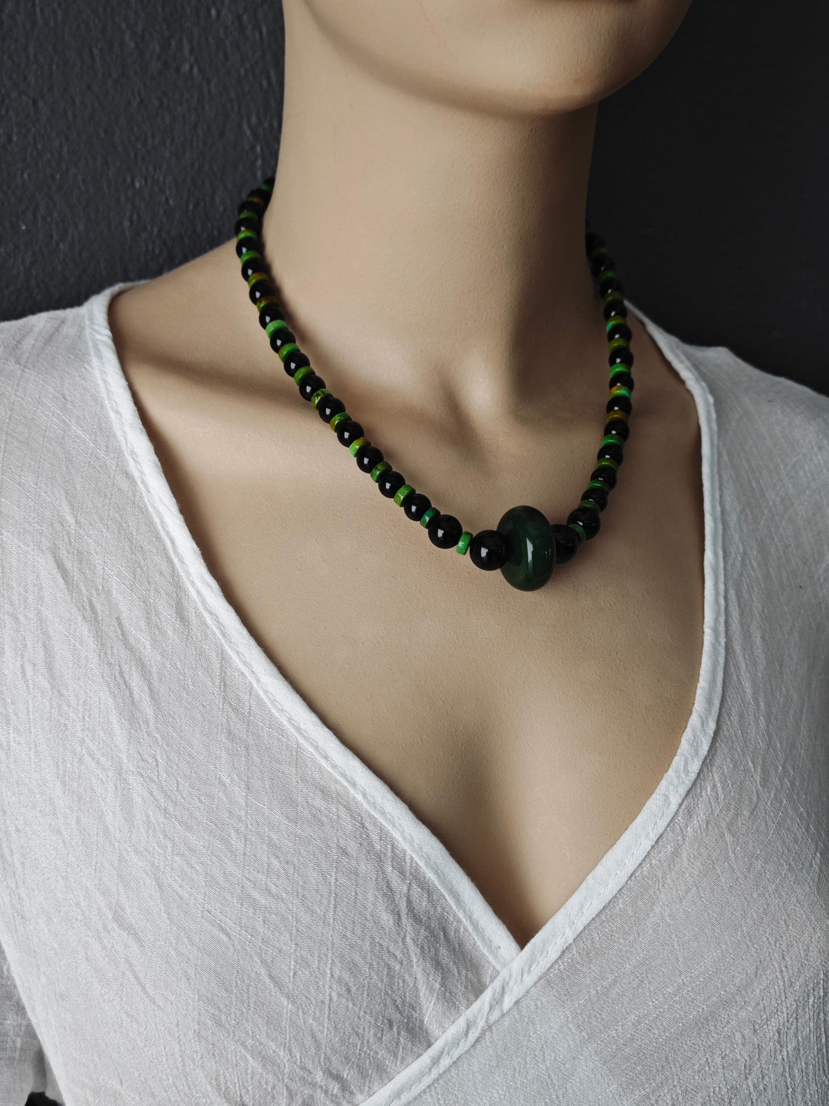 Natural Green Jade Pendant Necklace with Black Onyx & Turquoise | Adjustable Ethnic Bohemian Jewelry
