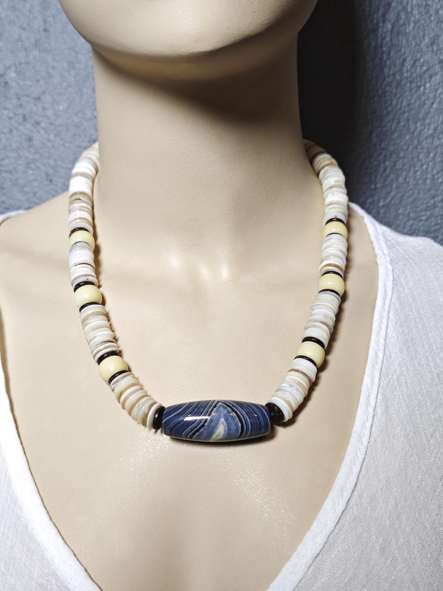 Banded Agate Statement Necklace, Natural Yak Bone Choker, Coconut Disc Beaded Chain, Tribal Boho Amulet, Adjustable Men Women Gift 52-64cm