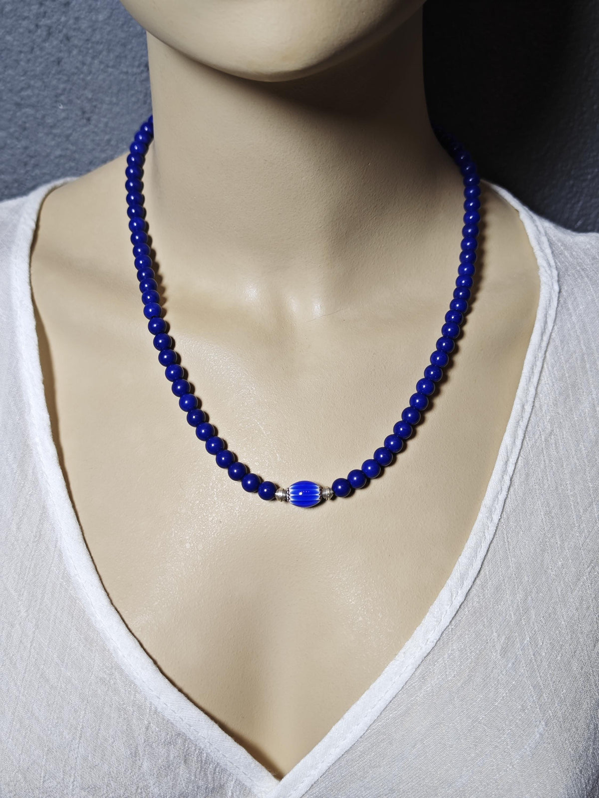 Lapis Lazuli Beaded Necklace, African Trade Bead Focal, Silver Accent Choker