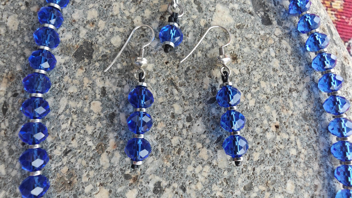 Cobalt Royal Blue Liuli Beaded Necklace Earring Set, Hematite Spacer, 925 Sterling Silver Hook, Handmade Glass Jewelry Set, 42-50cm