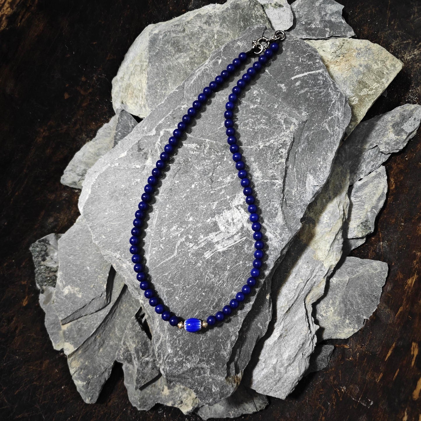 Lapis Lazuli Beaded Necklace, African Trade Bead Focal, Silver Accent Choker
