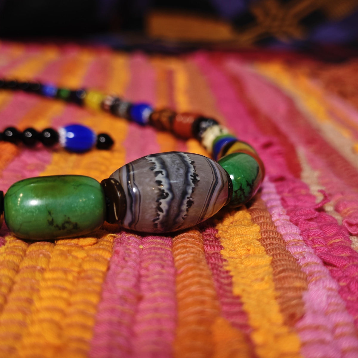 Handmade Multi Gemstone Necklace with Sardonyx, Turquoise & Mini Dzi Bead | Ethnic Bohemian Jewelry