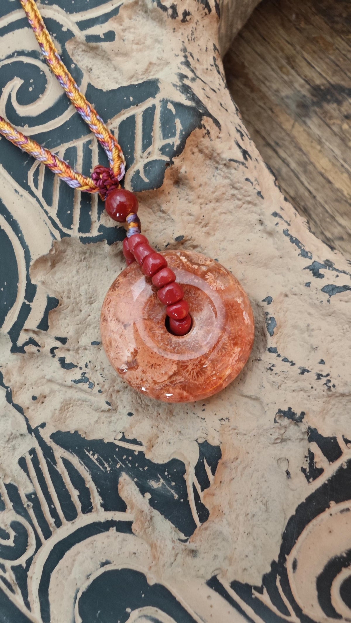 Fossil Coral Donut Pendant Necklace, Fossilized Coral Pi Disc, Tribal Boho Gemstone Amulet, Hand Braided Cord, Adjustable 40-60cm