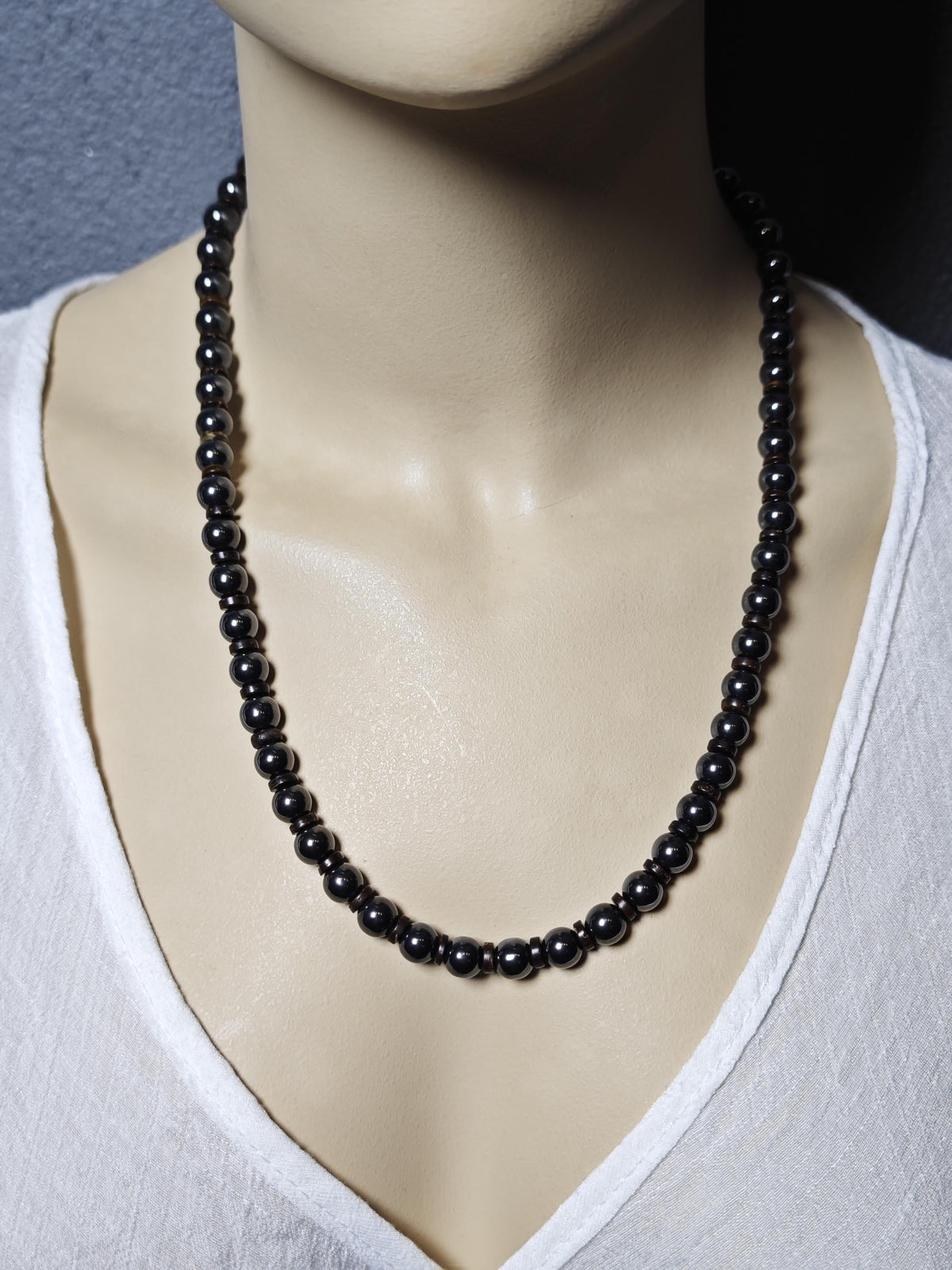 Hematite Beaded Necklace, Coconut Shell Surfer Choker, Metallic Black Stone Jewelry, Unisex Layering Chain, Couples Matching Gift, 54cm 56cm