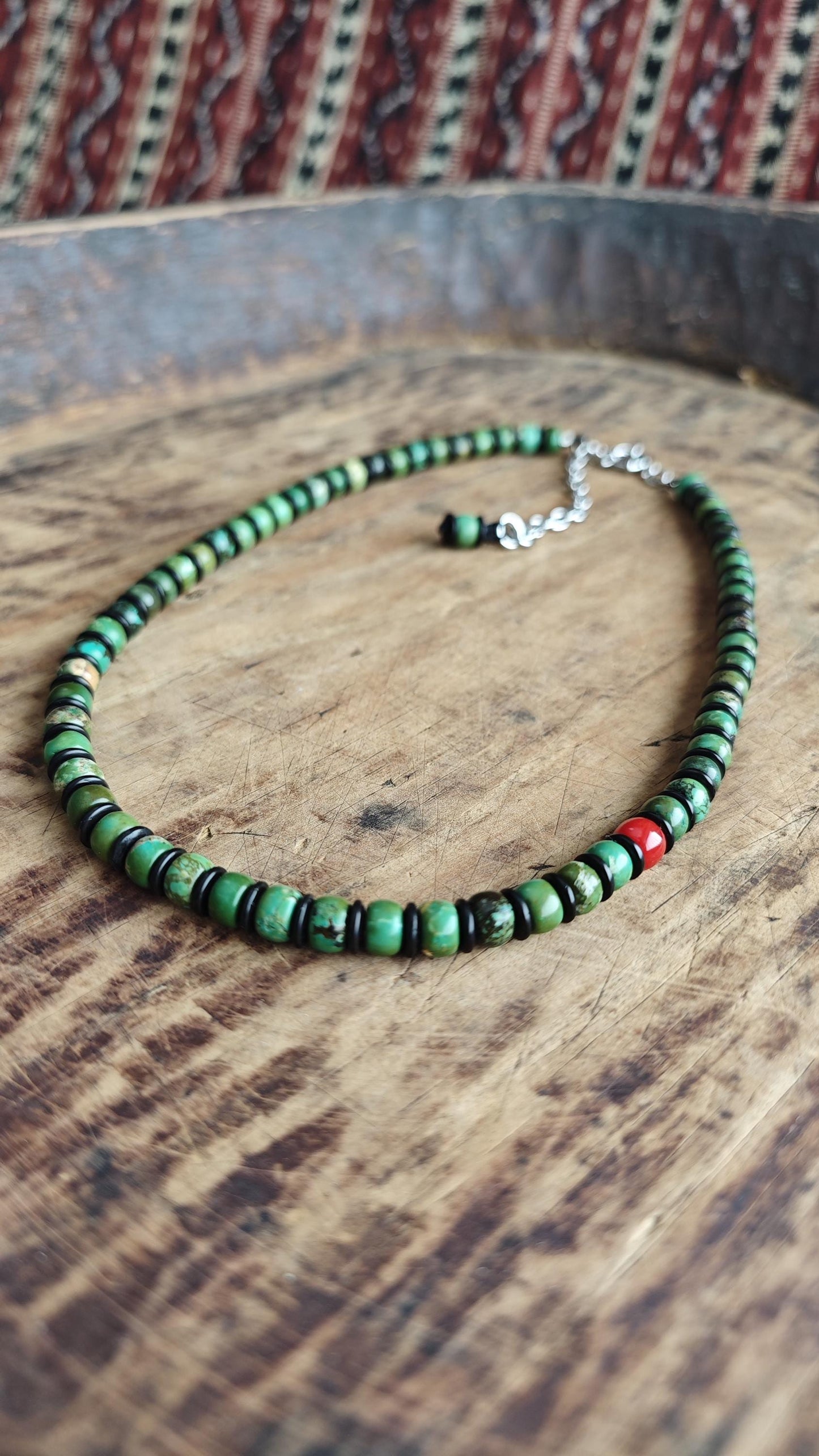 Turquoise Disc Beaded Necklace, Red Agate Accent, Coconut Shell Choker, Unisex Surfer Jewelry (50-58cm)