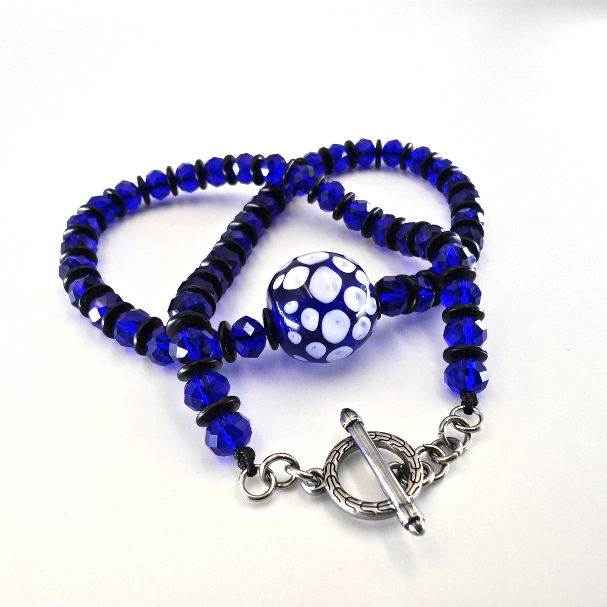 Handmade Chinese Liuli Bead Necklace with Blue Crystal & Coconut Spacers | Ethnic Bohemian Long Necklace